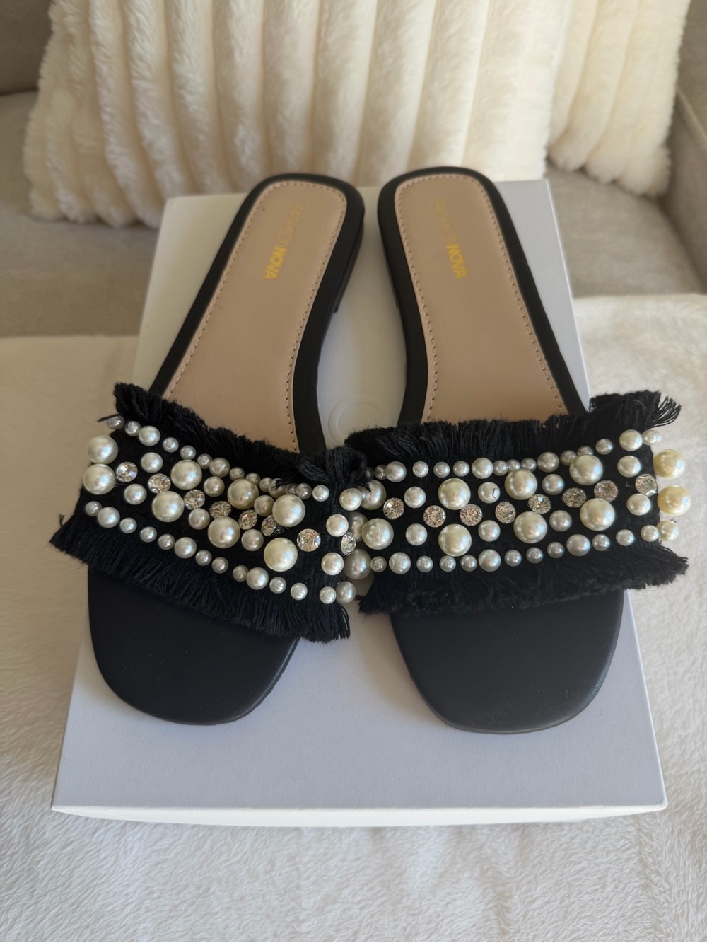 Fashion Nova Black Pearl & Crystal Fringe Slide Sandals